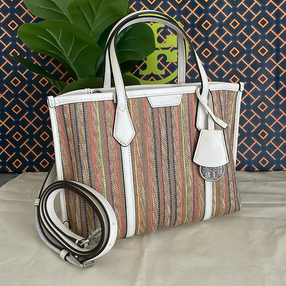New✨tory burch perry raffia stripe triple compartment small tote - Picture 5 of 15